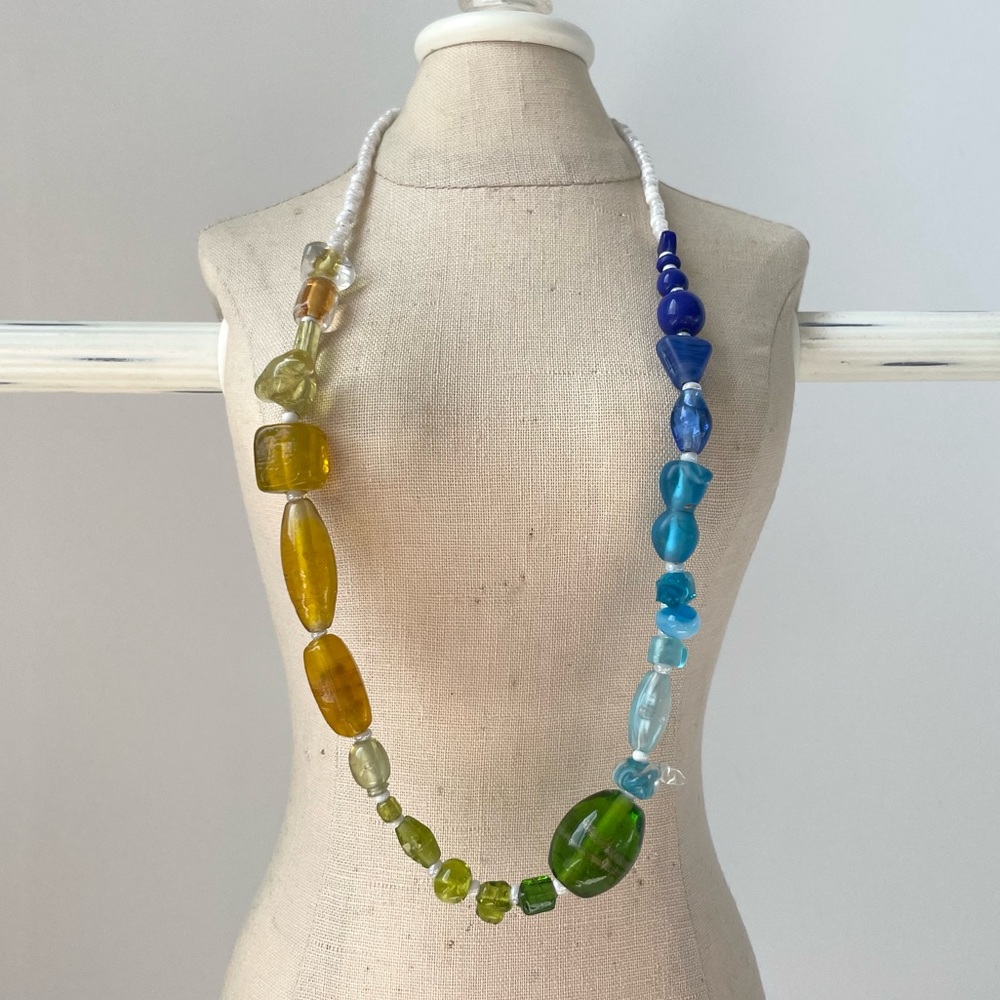 Blue Green and Yellow Handmade Beaded Necklace NWOT